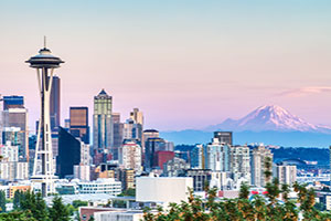 seattle skyline with space needle and mount rainier