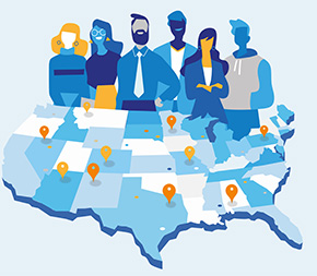 US map graphic with six people