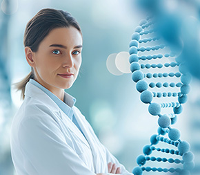 genetic counselor stands in front of dna strand