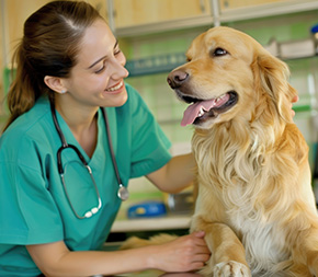 vet tech pets golden retriever at veterinary office exam
