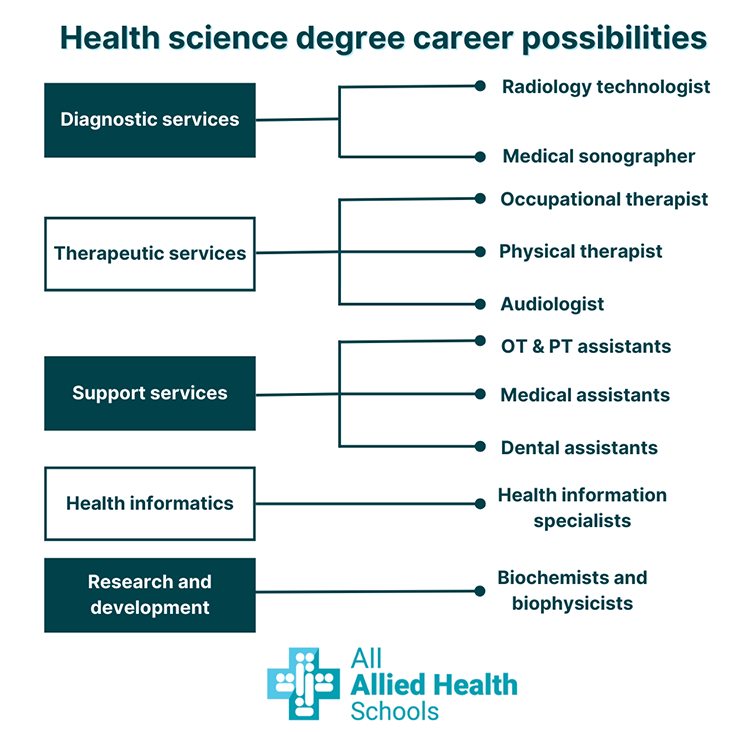 an infographic showing possible career paths for health science degree graduates