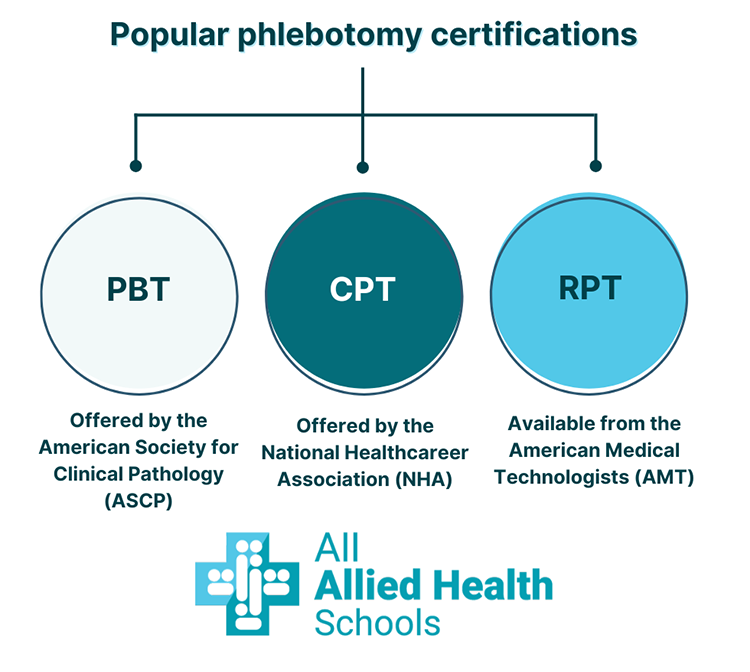 an infographic showing the three most popular phlebotomy certifications