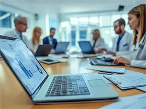 healthcare administrators meeting with laptop open and focused on project management