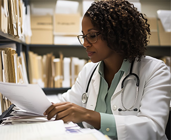 female healthcare administrator reviews paperwork in archive