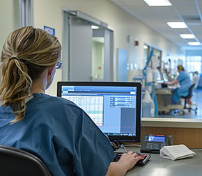 a medical coder works at a computer in a hospital wing