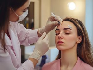medical assistant giving female patient botox injection for headaches