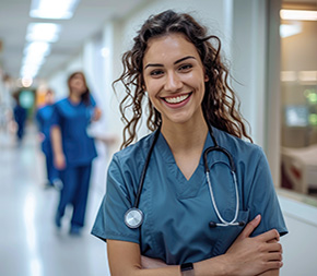 smiling medical assistant stands in busy hospital corridor while doing rounds
