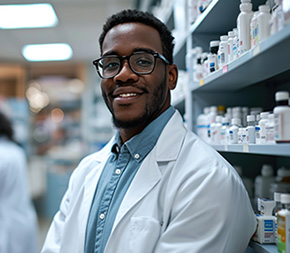 pharmacy technician stands in front of medication stocked shelves