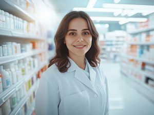 certified pharmacy technician stands in aisle of pharmacy shelves full of medications