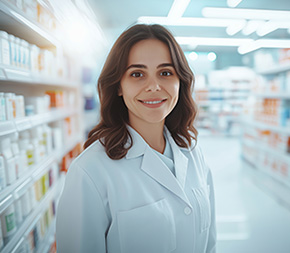 certified pharmacy technician stands in aisle of pharmacy shelves full of medications
