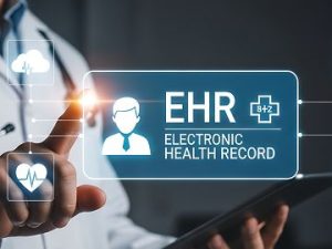 doctor touches a holographic sign that says electronic health record